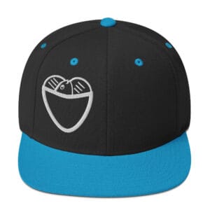 Loaves and Fish embroidered Christian snapback hat in black and teal, front view