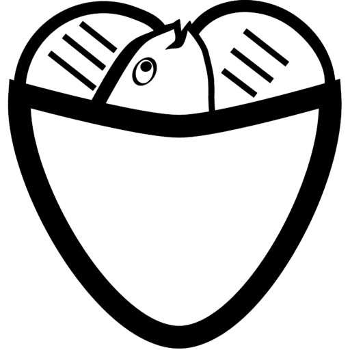 Authentic logo featuring a heart shape with loaves and a smiling fish between two loaves of bread.